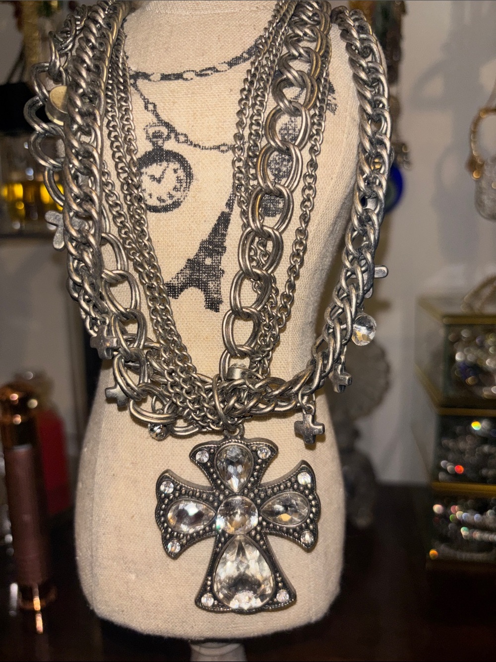 Layered Silver Cross Necklace with Clear Crystal Pendant - Women Jewelry
